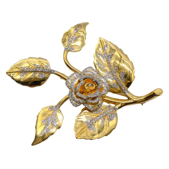 VALENTINO GOLD CRYSTAL EMBELLISHED GILDED ROSE BROOCH - Picture 4 of 6